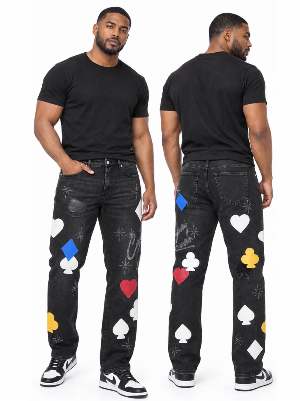 ♠️♦️♣️♥️ Playing Card Patch Iced Denim Jeans Black Midnight Streetwear